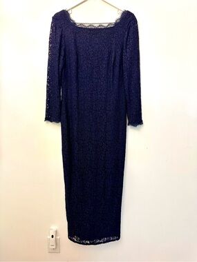 Adrianna Papell Navy Lace 3/4 Sleeve Long Dress